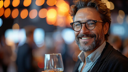Happy businessman laughing while holding drink glass during networking event at convention center, sharing startup ideas and discussing new innovation at business conference 