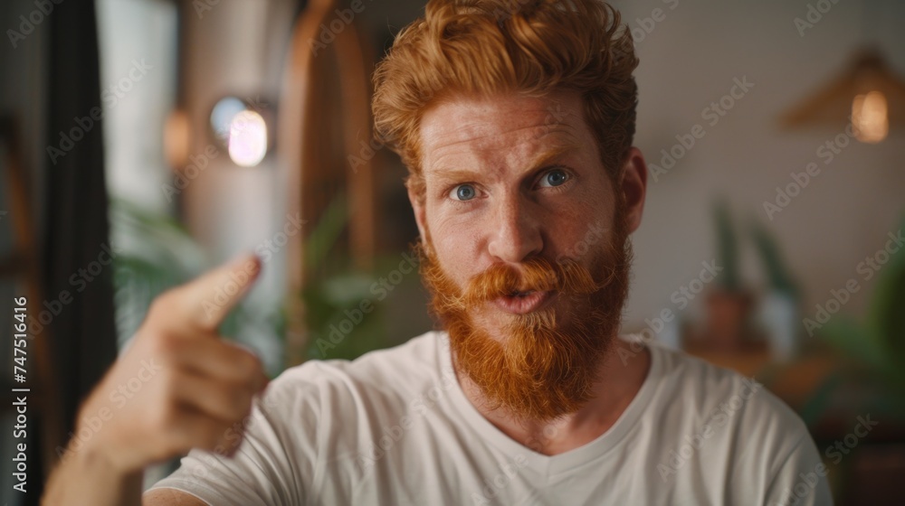 Poster a man with a red beard pointing at something. suitable for business presentations