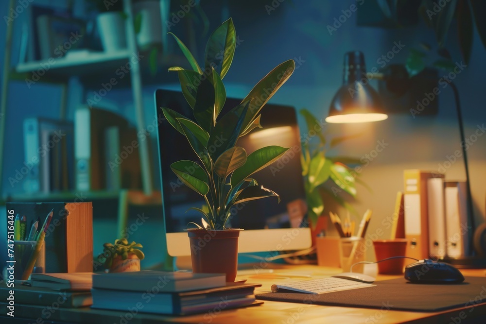 Poster a modern desk setup with a laptop and a green plant. suitable for office or workspace concepts