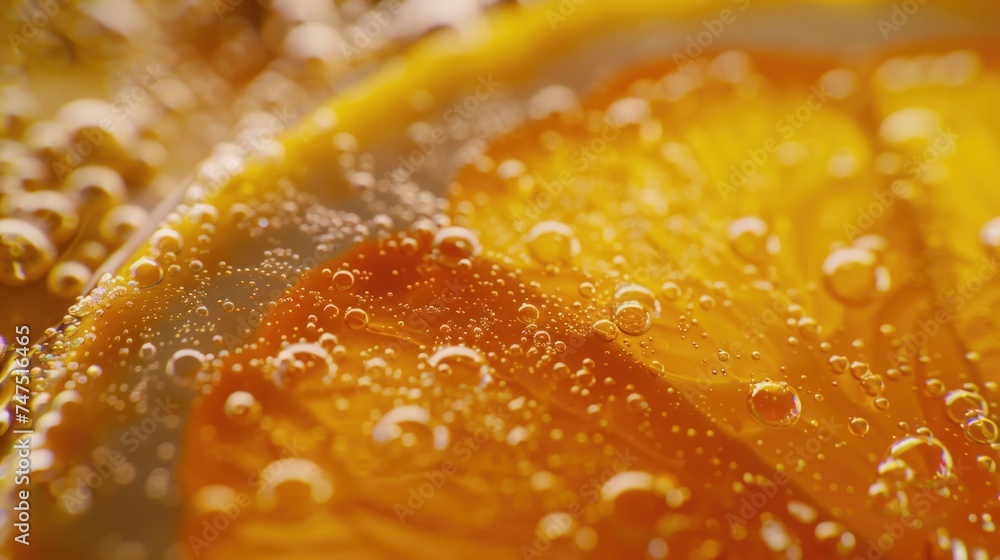 Poster a detailed close up of a slice of orange with bubbles. perfect for food and drink concepts