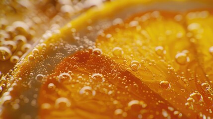 A detailed close up of a slice of orange with bubbles. Perfect for food and drink concepts