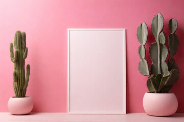 Blank picture frame with cacti on pink background. Mockup for design