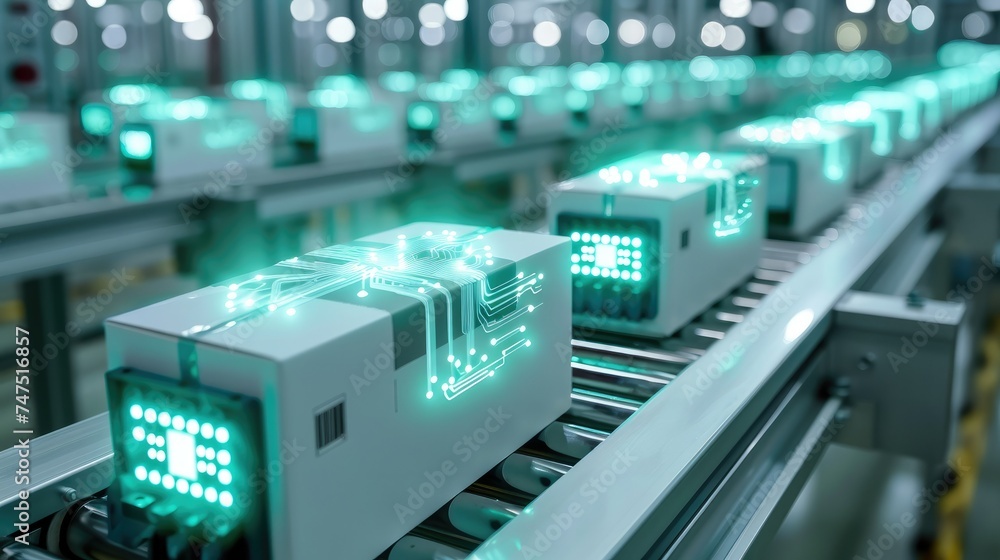 Fototapete white boxes with a blue-green graphic design in the form of a schematic printed circuit board on a c