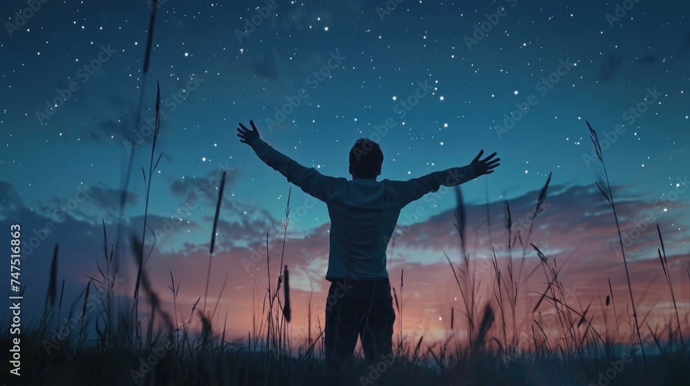 Poster a person standing with arms outstretched in a field. ideal for wellness and freedom concepts