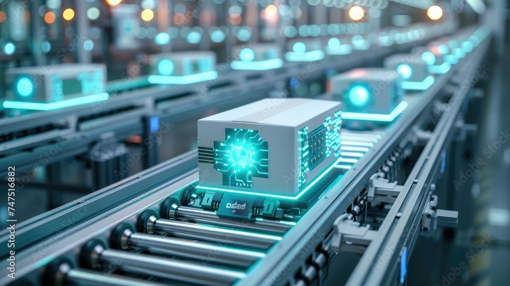 Fototapete white boxes with a blue-green graphic design in the form of a schematic printed circuit board on a c