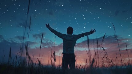 A person standing with arms outstretched in a field. Ideal for wellness and freedom concepts