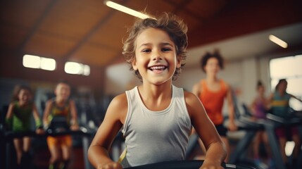 Young girl smiling while running on a treadmill, perfect for fitness and health concepts