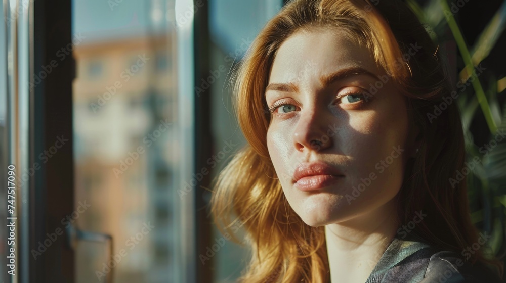 Poster close up of a woman looking out a window, suitable for lifestyle and introspection concepts