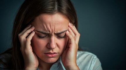 A portrait of Dizzy young woman, girl headache or migraine pain suffering