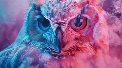 Close up of an owl's face with smoke coming out of it. Suitable for nature and wildlife themes