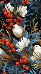 A seamless pattern featuring white birds nestled in intricately designed nests.