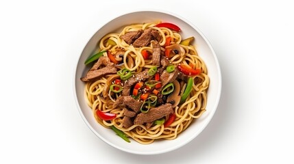 Noodles with meat and vegetables isolated on white background, top view
