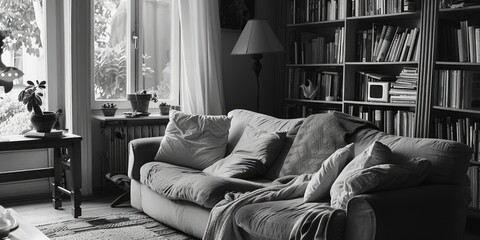 A black and white photo of a stylish couch in a living room. Suitable for interior design concepts