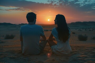 A man and a woman enjoying the sunset on the beach. Perfect for travel and romance concepts