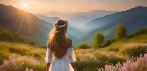 Celebrating Spring: woman with floral headpiece. Rear view of a lady embracing springtime beauty in a beautiful mountain meadow - obrazy, fototapety, plakaty