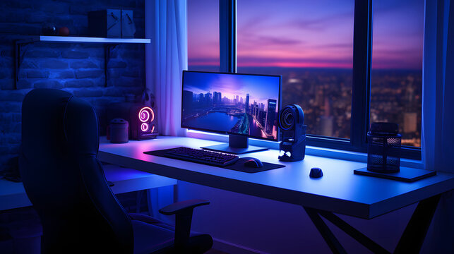 A vibrant, modern gaming room setup with blue and purple neon lights casting a glow over the desk, computer, and peripherals