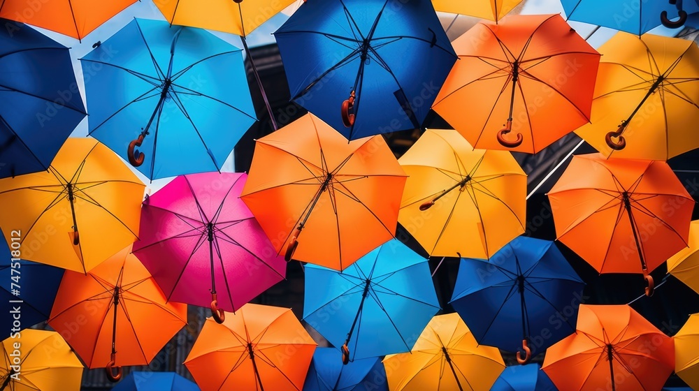 Poster A vibrant display of colorful umbrellas hanging from the ceiling, perfect for adding a pop of color to any space