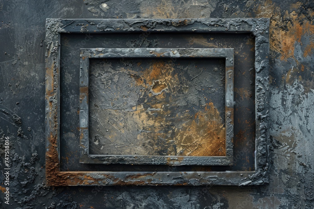 Poster a weathered metal surface with a square window, suitable for industrial and architectural themes