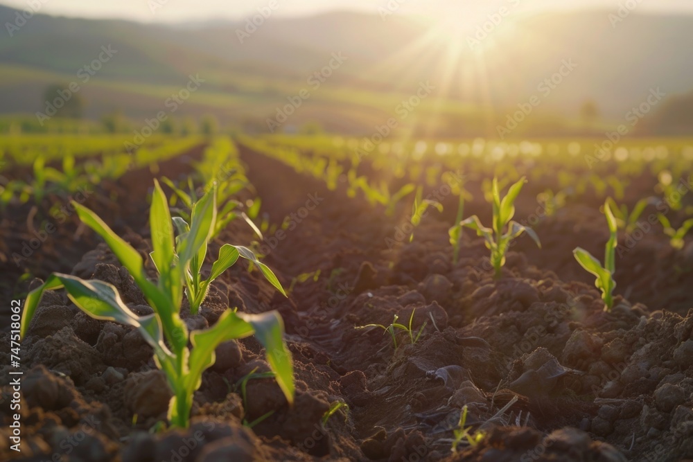 Poster a picturesque view of a corn field with the sun shining in the background. ideal for agricultural co