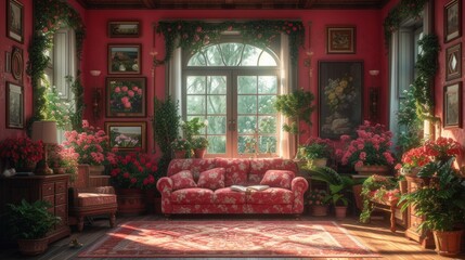 Fototapeta na wymiar Vibrant Floral Living Room with Natural Light
