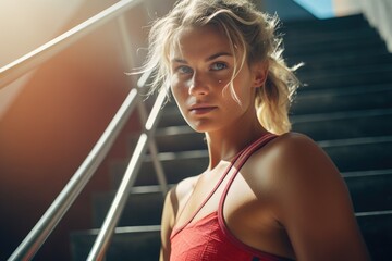 A woman in a red sports bra standing on a set of stairs. Suitable for fitness or lifestyle concepts