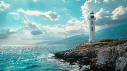 A picturesque lighthouse standing on rocky shore by the ocean. Suitable for travel brochures or coastal themed designs - Powered by Adobe