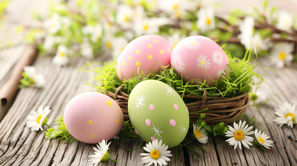 Obraz na płótnie Canvas Colorful easter eggs in nest with daisies on wooden background. Happy Easter concept.