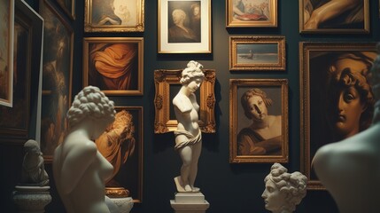 Group of statues standing in front of a colorful wall of paintings. Ideal for art and culture concepts