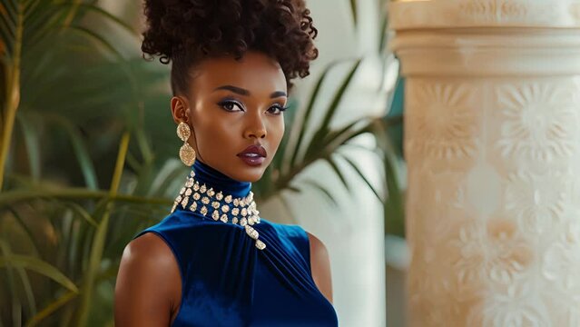 A chic jumpsuit in luxurious velvet adorned with beaded and jeweled details and a statement collar fit for a modern queen making a royal announcement.
