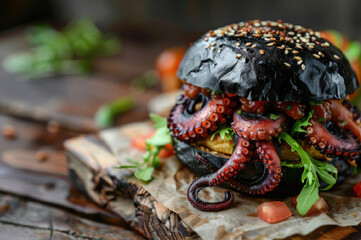Tasty grilled octopus burger with lettuce, tomato and black sesame bun