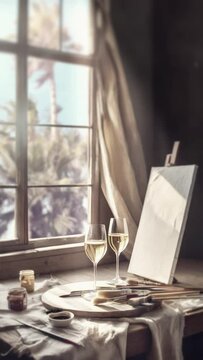 Vertical video of an artist painter studio, atellier, with canvas, brushes and paintings by the window with a glass of wine. Paint and zip moment