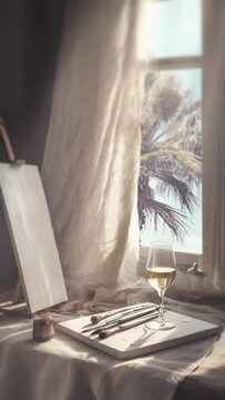 Vertical video of an artist painter studio, atellier, with canvas, brushes and paintings by the window with a glass of wine. Paint and zip moment