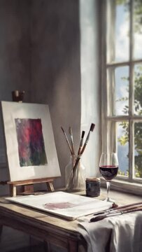Vertical video of an artist painter studio, atellier, with canvas, brushes and paintings by the window with a glass of wine. Paint and zip moment