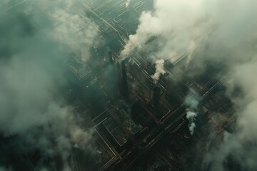 Aerial view of a factory emitting smoke. Ideal for illustrating industrial pollution - obrazy, fototapety, plakaty