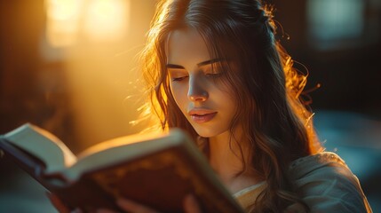 Fototapeta premium Engrossed in Literature - Woman Reading in Golden Light