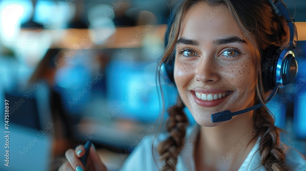 Aufkleber call center woman with ai and happy customers. generative ai.