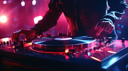 A DJ playing music on a turntable. Ideal for music industry promotions