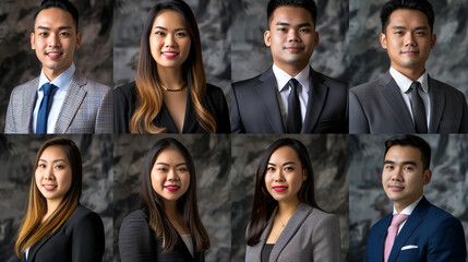 A series of headshots featuring employees in their professional attire, accompanied by quotes on their career aspirations and goals — Creation and development, goals and achievemen