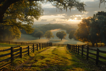 Sunrise in the misty morning in an oak grove with wooden fence