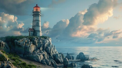 A lighthouse perched on a cliff overlooking the ocean. Ideal for travel brochures or coastal themed designs - Powered by Adobe
