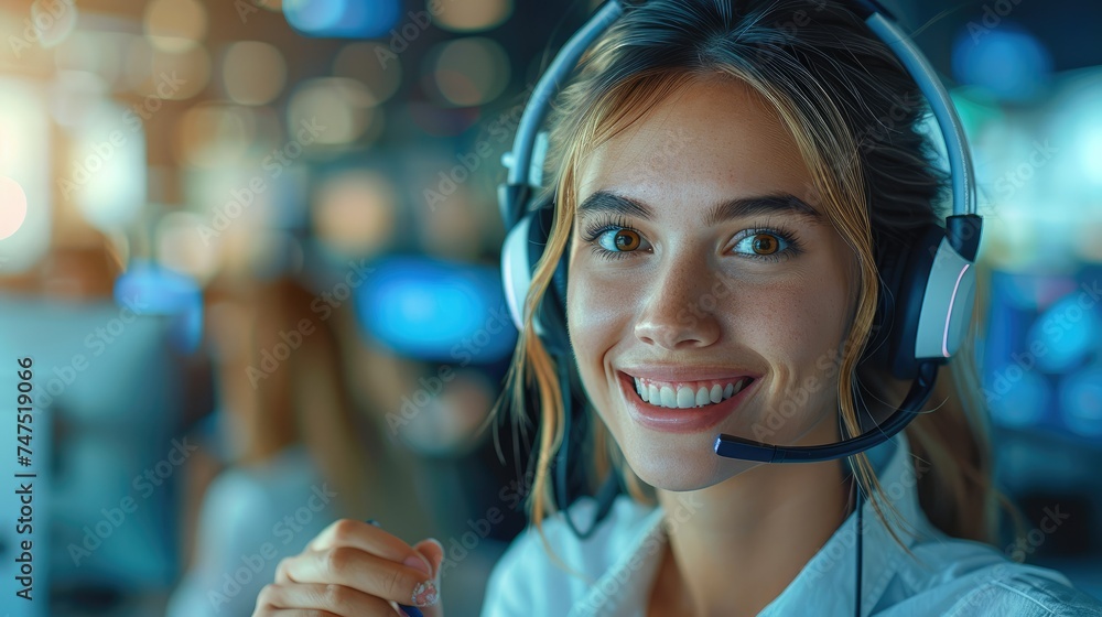 Aufkleber call center woman with ai and happy customers. generative ai.