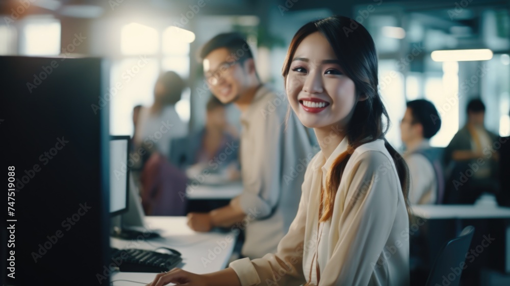 Poster A woman sitting at a desk in front of a computer. Suitable for business and technology concepts