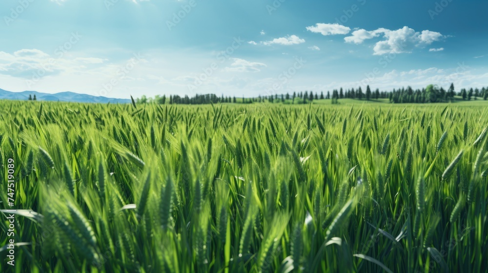 Poster a scenic view of green grass field with majestic mountains in the background. suitable for nature an