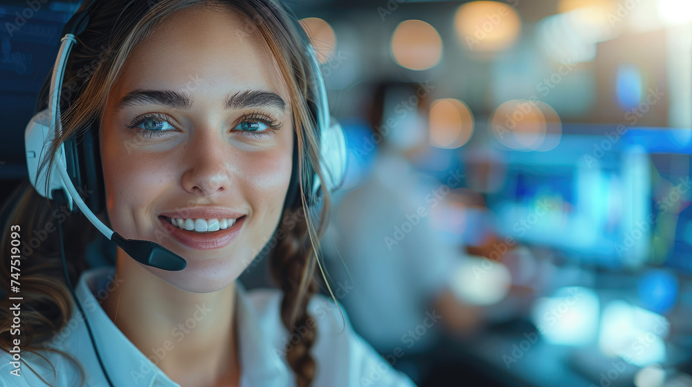 Aufkleber call center woman with ai and happy customers. generative ai.