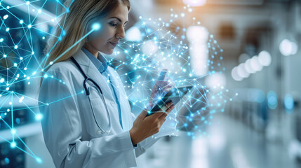 Doctor holds a digital tablet while another lab tech is touching it, in the style of futuristic abstracts, light gray and blue, infinity nets. Generative AI.