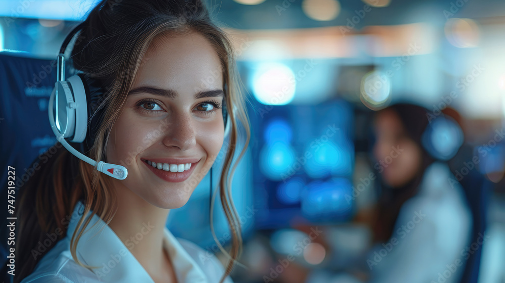 Aufkleber call center woman with ai and happy customers. generative ai.