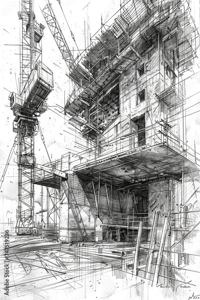 Poster illustration of a building in the process of being constructed. suitable for construction industry c