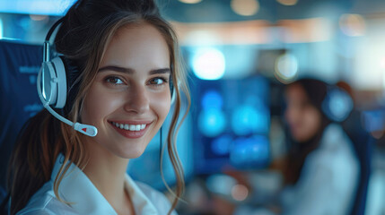 Fototapeta premium Call center woman with AI and happy customers. Generative AI.