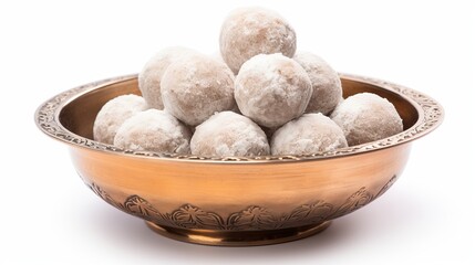 Fototapeta na wymiar Pedha - a traditional indian sweet in a silver bowl. isolated image