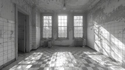 Monochrome Abandoned Asylum Bathroom in Decay